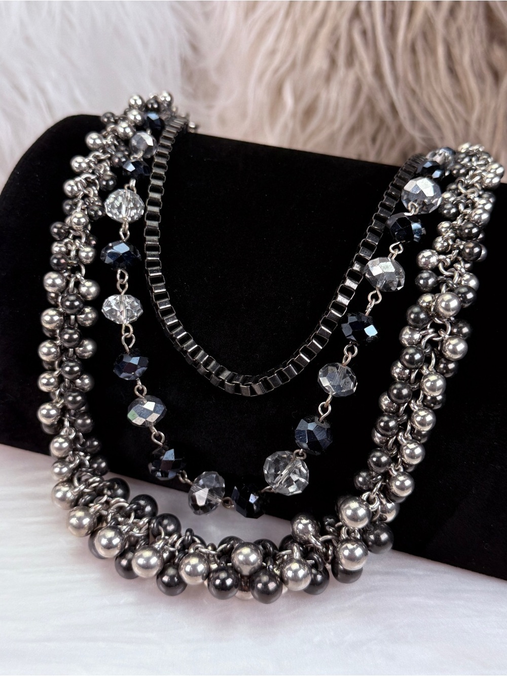 Beautiful, 3 strand, multi chain, black gunmetal beaded costume draping necklace